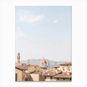 Florence, Italy I Skyline view of italian rooftops and Duomo Santa Maria del Fiore cathedral church photography with summer pastel aesthetics in sunny orange tones for living la dolce vita under the sun blue sky Canvas Print