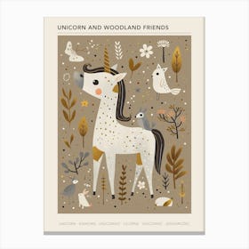 Unicorn In The Meadow With Abstract Woodland Animals 2 Poster Canvas Print
