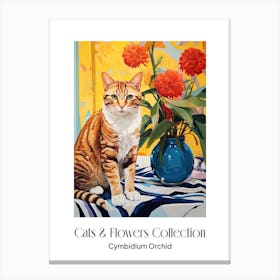 Cats & Flowers Collection Cymbidium Orchid Flower Vase And A Cat, A Painting In The Style Of Matisse 0 Canvas Print