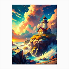 Lighthouse On The Rocks AI generated Canvas Print