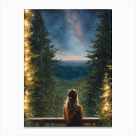 Dreaming of the Stars - A Beautiful Young Woman Leaning on the Porch Looking up at the Starry Night - Magical Dreamscape Watercolor Fir Trees Enchanting Milky Way Romantic Dreamer HD Canvas Print