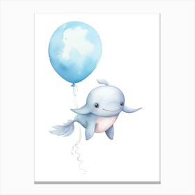 Baby Whale Flying With Ballons, Watercolour Nursery Art 4 Canvas Print