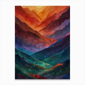 A breathtaking abstract landscape featuring layered mountains in vibrant hues of red, orange, and purple, transitioning into deep blues and greens. Canvas Print