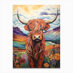 Colourful Patchwork Highland Cow Wavy Lines Canvas Print