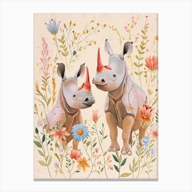 Folksy Floral Animal Drawing Rhino Canvas Print