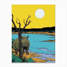 Simple Line Illustration Rhino By The River 5 Canvas Print