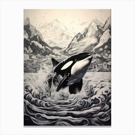 Black Pen Drawing Of Orca Whale And Waves Canvas Print