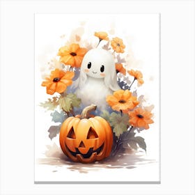Cute Ghost With Pumpkins Halloween Watercolour 26 Canvas Print