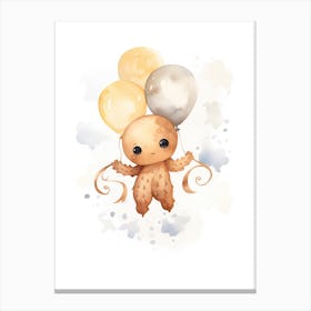 Baby Octopus Flying With Ballons, Watercolour Nursery Art 1 Canvas Print