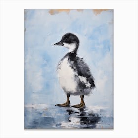 Black & White Duckling Walking On The Ice 2 Canvas Print
