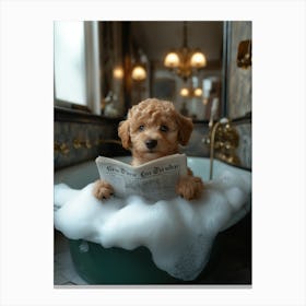 Photo Of An Adorable Golden Doodle Puppy Lying In The Foam Filled Bathtub Reading The New York Times Newspaper With Its Paws Holding Onto The Pages And Eyes Sparkling With Curiosity Canvas Print