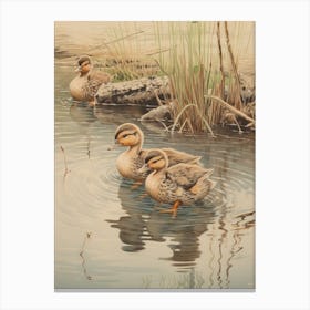 Ducklings Splashing Around Japanese Woodblock Style 3 Canvas Print