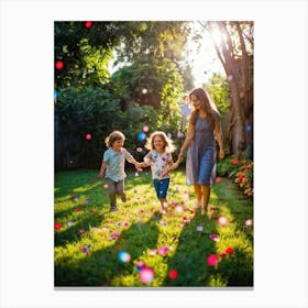 Family Of Four Two Adults Two Children Frolicking In A Lush Garden Sunlight Filtering Through The 2 1 Toile