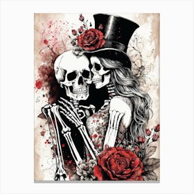 Floral Abstract Kissing Skeleton Lovers Ink Painting (8) Canvas Print