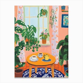 Tea Time in Living Room Gouache Painting Canvas Print