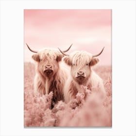 Portrait Of Two Highland Cows In The Field Pink Realistic Photography 2 Canvas Print