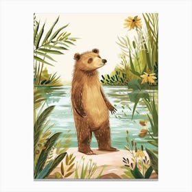 Sloth Bear Standing On A Riverbank Storybook Illustration 3 Canvas Print