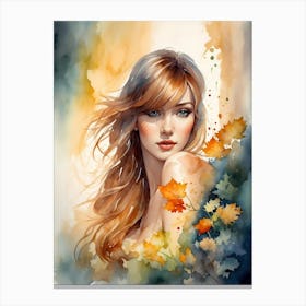 Watercolor Of A Girl With Autumn Leaves Canvas Print