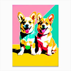 'Corgi Pups', This Contemporary art brings POP Art and Flat Vector Art Together, Colorful Art, Animal Art, Home Decor, Kids Room Decor, Puppy Bank - 68th Canvas Print