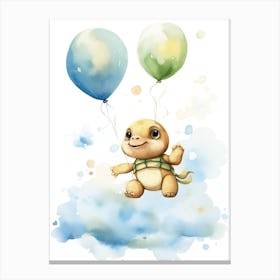 Baby Turtle Flying With Ballons, Watercolour Nursery Art 1 Canvas Print