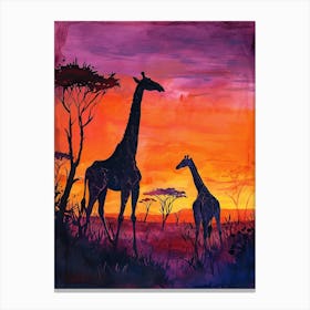 Two Giraffes At Sunset Purple 4 Canvas Print