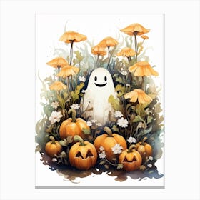 Cute Bedsheet Ghost, Botanical Halloween Watercolour 53 Canvas Print