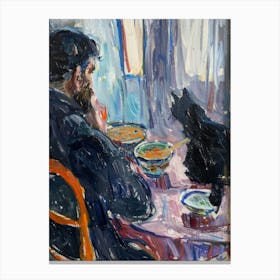 Portrait Of A Man With Cats Eating Ramen  3 Canvas Print
