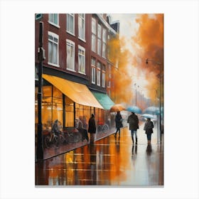 Amsterdam cafes, autumn, autumn oil colours, pastel colours, pedestrians in the street, winter clothes.7 Canvas Print