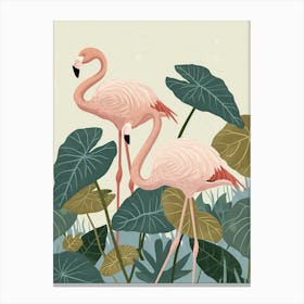 Lesser Flamingo And Alocasia Elephant Ear Minimalist Illustration 1 Canvas Print