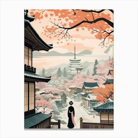 Vintage Winter Travel Illustration Kyoto Japan 3 Canvas Print