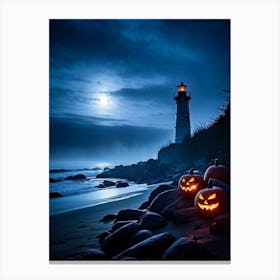 Jack O Lanterns Emanating Ethereal Glow Arrayed On A Shadowy Beach Misty Coastal Backdrop Myster 2 1 Canvas Print