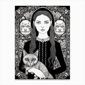Wednesday Addams And A Cat Line Art Noveau 2 Fan Art Canvas Print