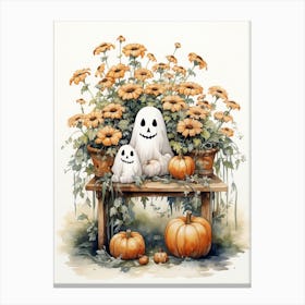 Cute Bedsheet Ghost, Botanical Halloween Watercolour 73 Canvas Print