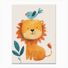 Small Joyful Lion With A Bird On Its Head 11 Canvas Print