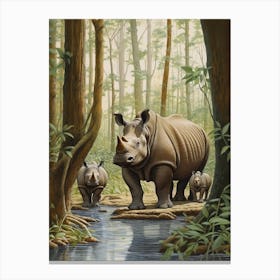 Rhino With Baby Rhinos By The Lake Canvas Print