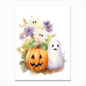 Cute Ghost With Pumpkins Halloween Watercolour 32 Canvas Print