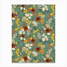 Boho Scattered Mixed Flower Bouquets on Sage Green Canvas Print