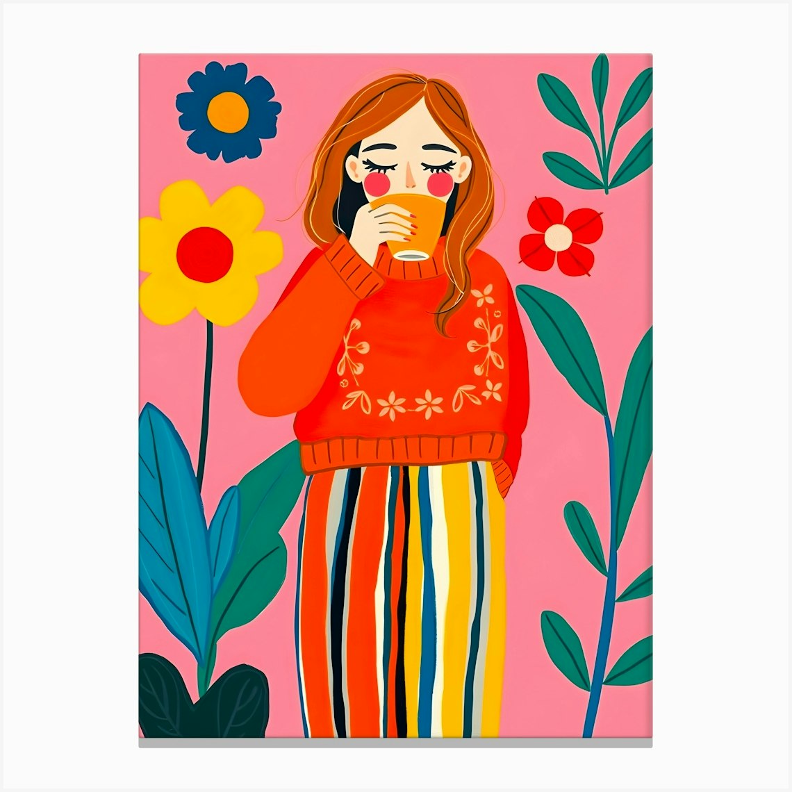 Floral Girl In Striped Trousers Canvas Print by ARTISTIC AVENUE