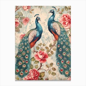 Two Vintage Floral Peacocks 1 Canvas Print