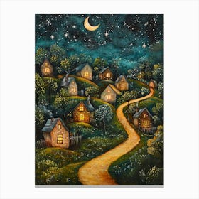 Village At Night With Stars and Moon In The Sky 2 Canvas Print