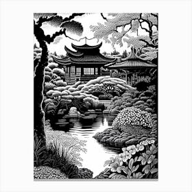 Japanese Friendship Garden, 1, Usa Linocut Black And White Vintage Canvas Print