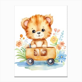 Baby Lion On A Toy Car, Watercolour Nursery 3 Canvas Print
