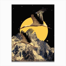 Minimal Japanese Storks Flying In Mountain Scene Canvas Print