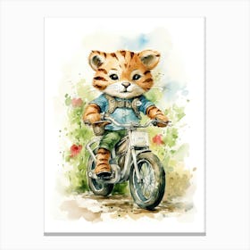 Tiger Illustration Biking Watercolour 2 Canvas Print