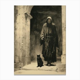 Sepia Etching Of A Monk With Their Black Cat Canvas Print