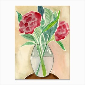 Two Red Flowers In A Glass Vase - floral beige red green Canvas Print