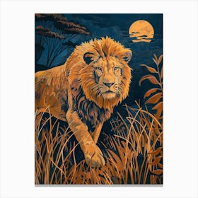 African Lion Relief Illustration Night Hunt 1 Canvas Print