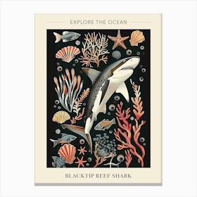 Blacktip Reef Shark Seascape Black Background Illustration 1 Poster Canvas Print