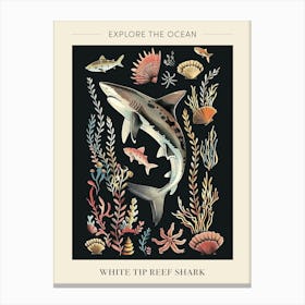White Tip Reef Shark Seascape Black Background Illustration 4 Poster Canvas Print
