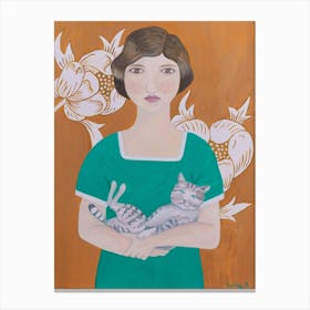 Woman In Green Dress With Cat Canvas Print